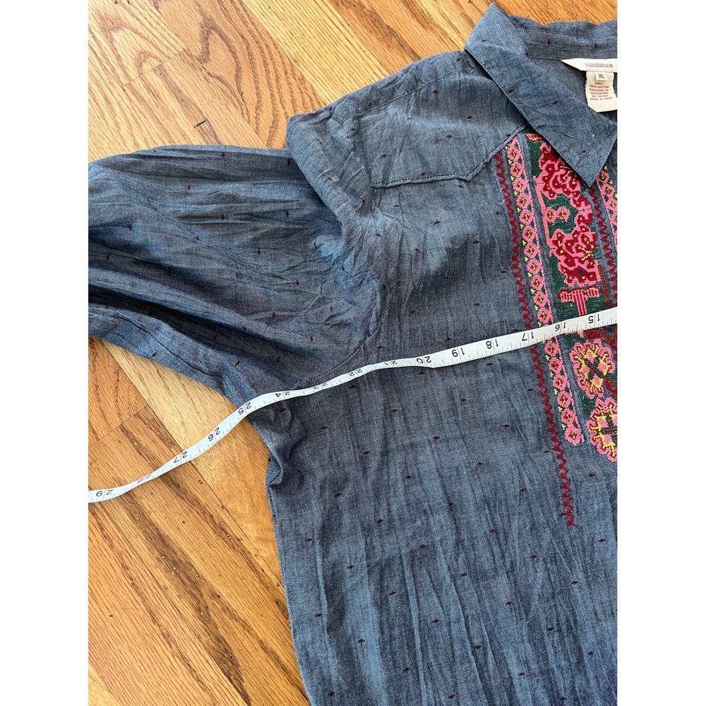 Sundance Blue Chambray Embroidered Western Boho Clip Dot Shirt Womens XL b7 - Picture 7 of 8